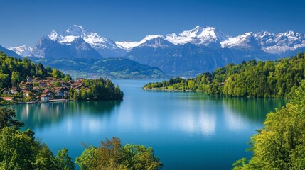 Fototapeta premium A tranquil shot of the stunning Lake Thun surrounded by lush green forests and the snow-capped peaks of the Swiss Alps.