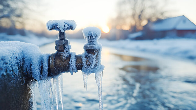 A frozen water pipe in winter, closeup, shallow depth of field. water tap covered with ice. 