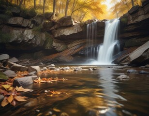Soft focus captures the warm glow of autumn sunlight on a Tennessee waterfall, warm glow, waterfall
