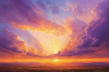Fototapeta premium majestic cumulus clouds at golden hour, sweeping across vast horizon, dramatic sunbeams piercing through layers, rich orange and purple hues painting the sky