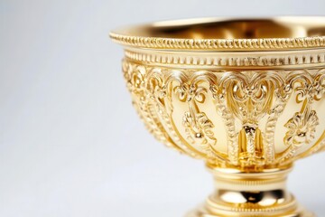 majestic golden trophy with intricate details and reflective surface, victory symbol on pristine white background, professional product photography