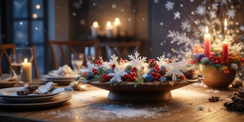 Naklejka premium snowflakes gently falling on a festive winter table, seasonal decoration, snowy scene