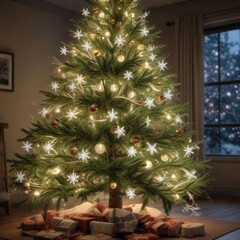 Snowflakes gently falling on a beautifully decorated Christmas tree with sparkling lights, holiday decor, snowfall, decorated tree