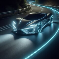 Fototapeta premium futuristic silver sports car in motion on a winding road at night 