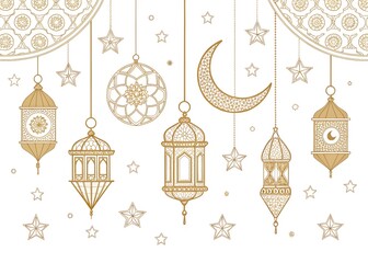 Fototapeta premium Elegant Golden Ramadan Lanterns with Crescent Moon and Stars