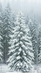 Obraz premium Snow covered pine tree standing tall in a serene forest setting during the winter season, cold, winter, nature