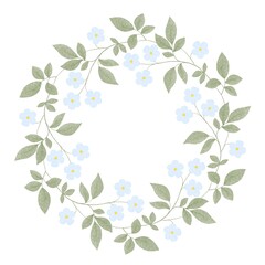 Hand-Drawn Floral Wreath with Blue Flowers and Green Leaves. Capturing the elegance of vintage botanical designs, it symbolizes beauty, nature, and tranquility. Perfect for artistic projects.