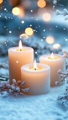 Three candles glow warmly amidst a snowy winter scene, creating a cozy and festive atmosphere.