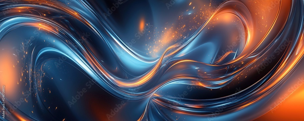 Poster abstract blue and orange waves flow dynamically with glowing particles, creating a stunning visual m