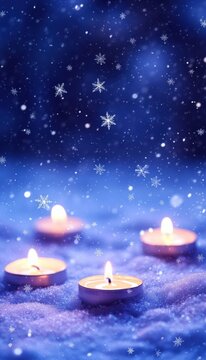 Three candles glow warmly amidst a snowy scene, snowflakes gently falling in a winter wonderland.