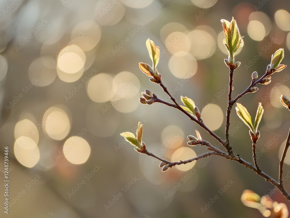 Poster fresh spring leaves on tree branch with warm bokeh background