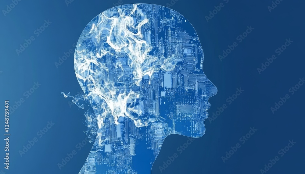 Poster circuit board head artificial intelligence. human profile of circuit boards, binary code on blue.
