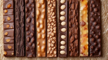 A selection of chocolate bars with different fillings like caramel, hazelnut, and nougat, arranged neatly on a soft, textured surface.