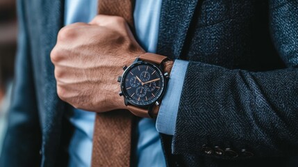A watch on a businessmans wrist, capturing the essence of professionalism and style.