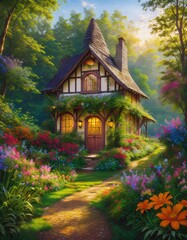 A cozy cottage nestled in the heart of an enchanted forest, surrounded by lush greenery and vibrant flowers