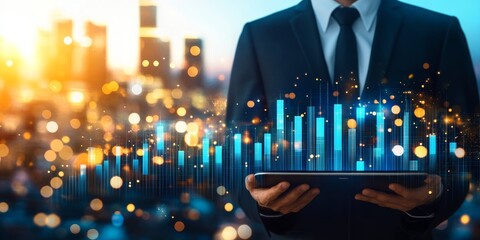 Businessman Holding Tablet Displaying Glowing Blue Growth Graph Over Cityscape Background