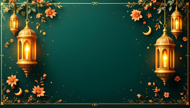 A beautifully designed Ramadan Kareem invitation card with a dark green background, glowing golden lanterns, and symmetrical floral motifs. The central blank space allows for inserting quotes, prayers
