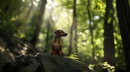 A small dog sitting contemplatively on a rock amidst lush greenery in a sunlit forest, capturing a serene and peaceful atmosphere