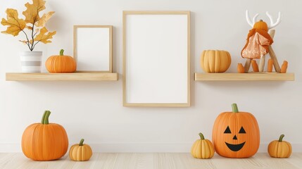 Cozy autumn decor with pumpkins and art frames.