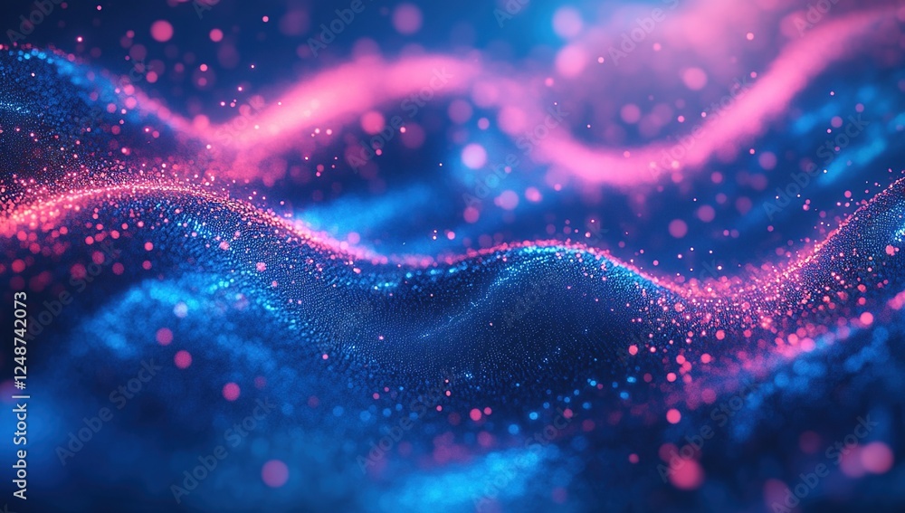 Poster abstract blue and pink particle waves flowing dynamically in 3d space seamlessly