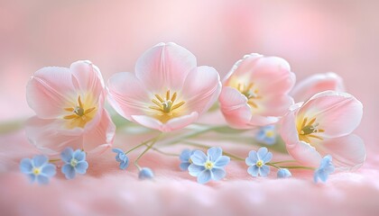 Delicate Harmony A Pastel Bouquet of Pink Tulips and Blue Forget-Me-Nots in Soft Focus