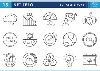 A set of line icons related to net zero. Carbon, neutral, green, energy, conservation, recycle, carbon dioxide, fresh, environment, and so on. Vector editable stroke.