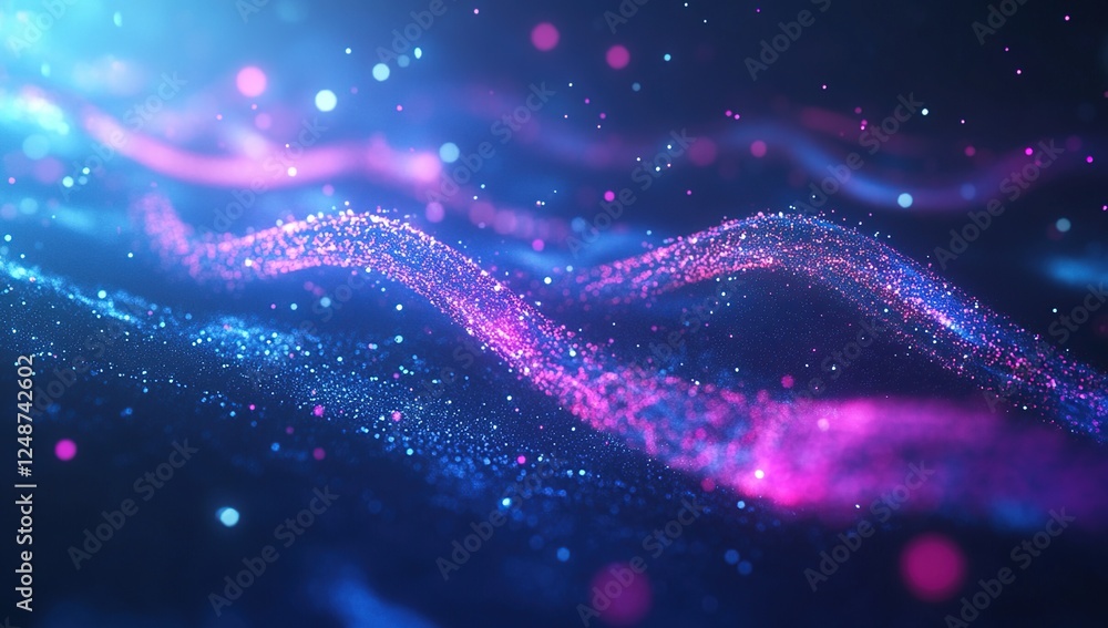 Poster abstract particle waves flowing dynamically in neon colors, creating a vivid and energetic visual ma