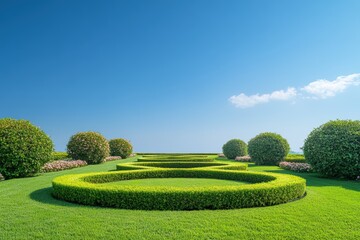Manicured garden with neatly trimmed hedges and flowering bushes under a clear blue sky, creating a serene outdoor setting