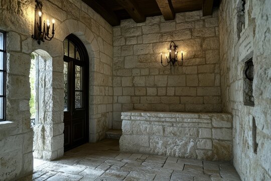 Stone-walled corridor with warm lighting and bench. Neural network AI generated