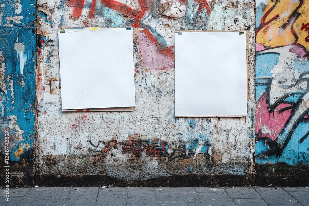 Poster two blank a4 paper sheets on urban wall background with colorful graffiti and distressed texture for