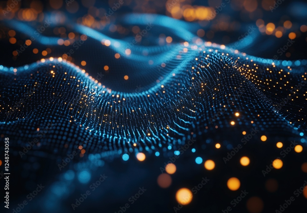 Poster abstract blue and orange digital wave visualization: data points flowing dynamically across a grid, 