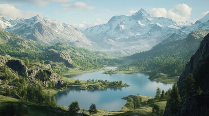 Fototapeta premium Peaceful alpine landscape in the Italian Alps, with alpine lakes, forested valleys, and rugged peaks.