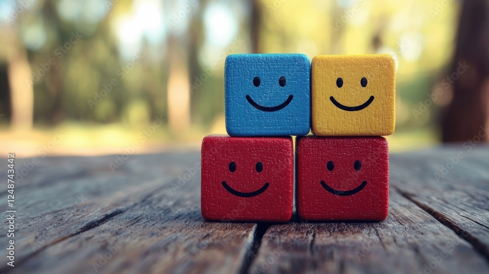 Poster multicolored 3d blocks with happy faces on a wooden surface surrounded by nature in a cheerful atmos
