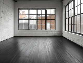 Bright, airy room with large windows illuminating dark wood floors and white brick walls, providing a modern, urban living space.