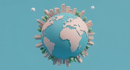 A stylized 3D model of the Earth, with miniature cityscapes arranged around its equator