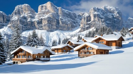 Fototapeta premium Ski resorts in the Italian Alps, with luxury chalets and well-maintained slopes covered in fresh powder snow.