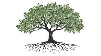 Lush green tree, strong roots, white background, nature illustration, website design
