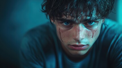 Wounded Soul, Close-up portrait of a young man with intense blue eyes and visible wounds on his face, set against a moody teal backdrop. The image evokes a sense of vulnerability, pain.