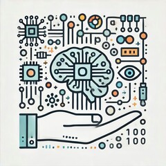 Obraz premium Linear icon of artificial intelligence with chip and neural network connections. 