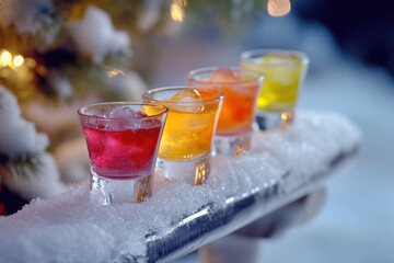  Colorful shot glasses filled with vibrant cocktails and ice cubes placed on a snow-covered tray, creating a festive and refreshing winter drink presentation