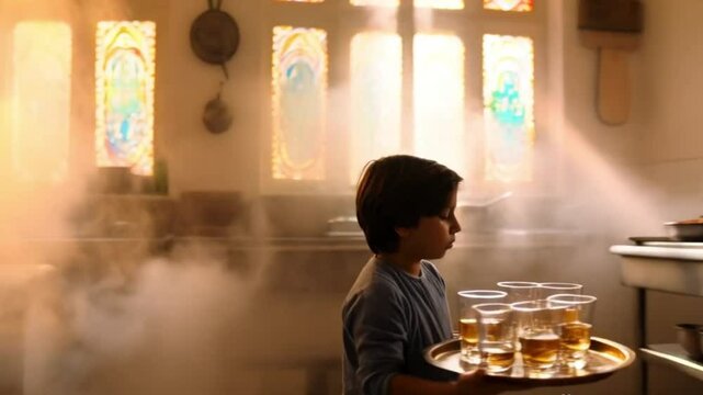 Dawn's Embrace: Samosa Dough Kneading, Tea, and a Sleepy Child tray home hands steam snack India    