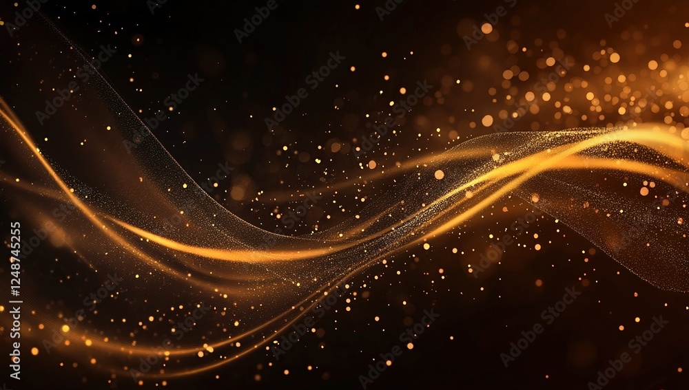 Poster golden particle waves flowing dynamically across dark background, abstract design for luxury, elegan