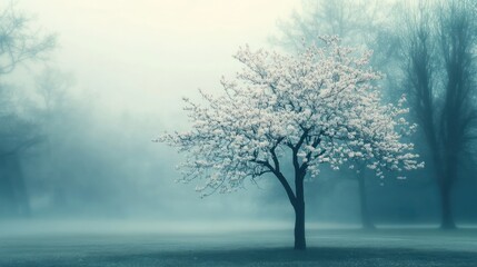 Foggy park, blooming tree, spring morning, serene landscape, nature scene