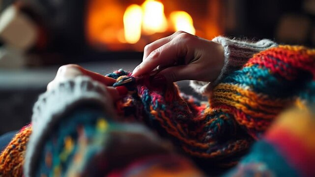 Cozy knitting session by the fireplace with colorful yarn
