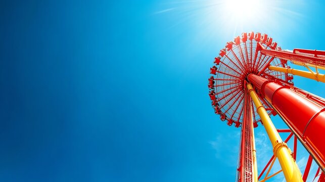 Dramatic drop tower ride against a deep blue sky, thrilling freefall moment, extreme amusement park excitement