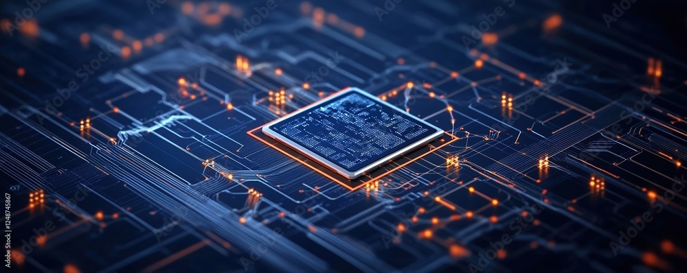 Poster exploring microchip circuitry: a detailed look at the intricate pathways and connections of a modern
