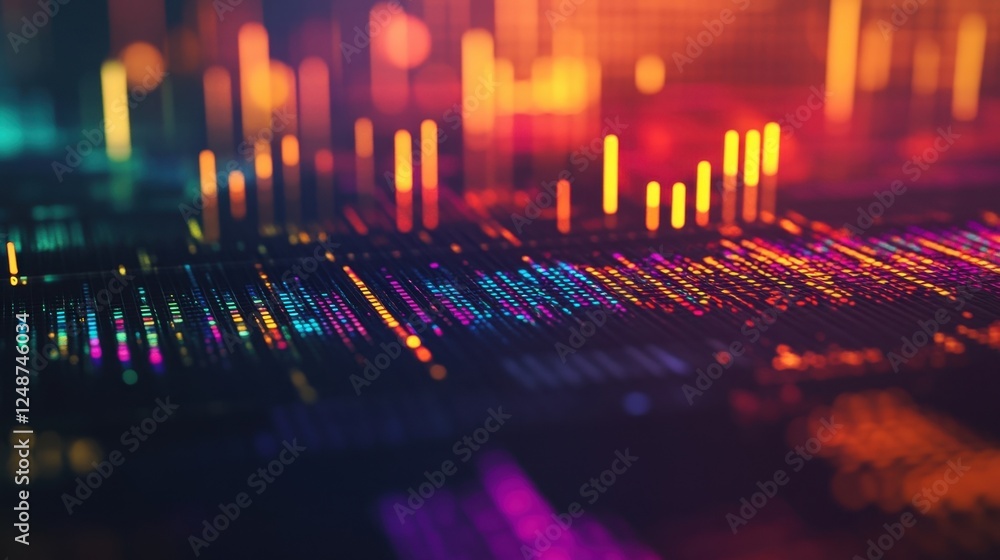 Poster abstract representation of vibrant digital sound waves and data bars in a futuristic setting, showca