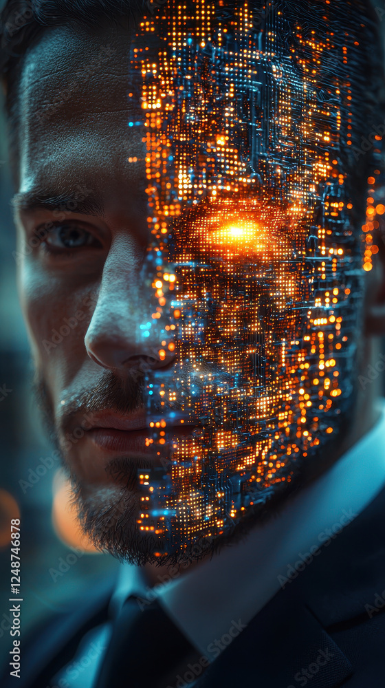 Aufkleber serious businessman navigating a high-tech world with a holographic avatar and a cybernetic identity