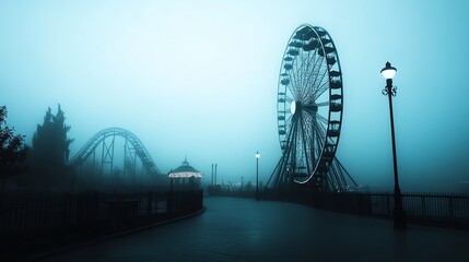Foggy early morning theme park before opening, silent rides waiting, mysterious and cinematic atmosphere