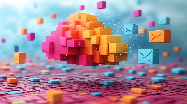 Fototapeta Colorful 3D cloud of floating cubes representing digital communication in a vibrant landscape